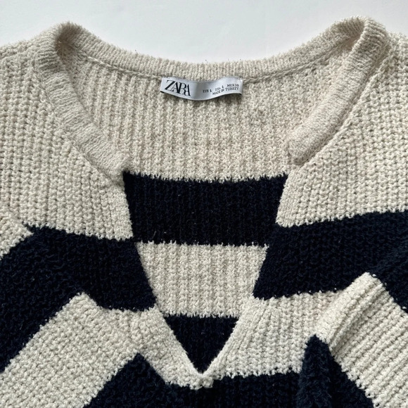 Zara Striped Chunky Knit Sweater Blue Cream V Neck Boxy Fit Nautical Preppy Sz L - Picture 13 of 16